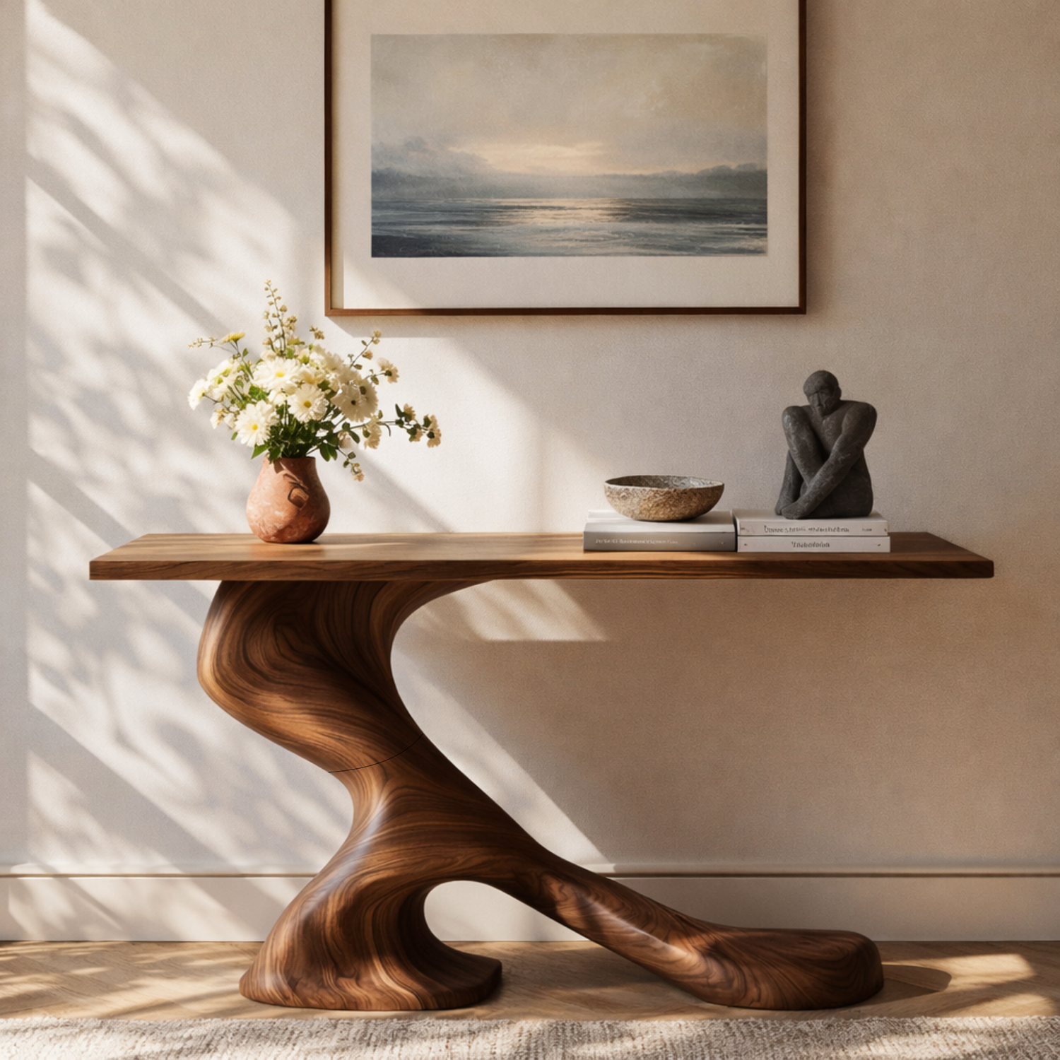 Asymmetrical Sculptural Solid Wood Console Table with Organic Curved Base