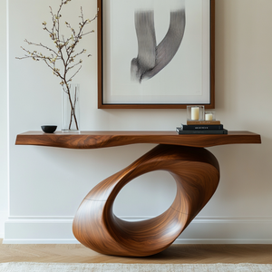 Sculptural Solid Wood Console Table with Hollow Oval Base