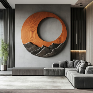 Round Solid Wood Wall Sculpture Mountain Relief for Modern Rustic Decor
