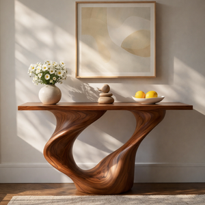 Twin Sweep Sculptural Solid Wood Console Table with Open Valley Base