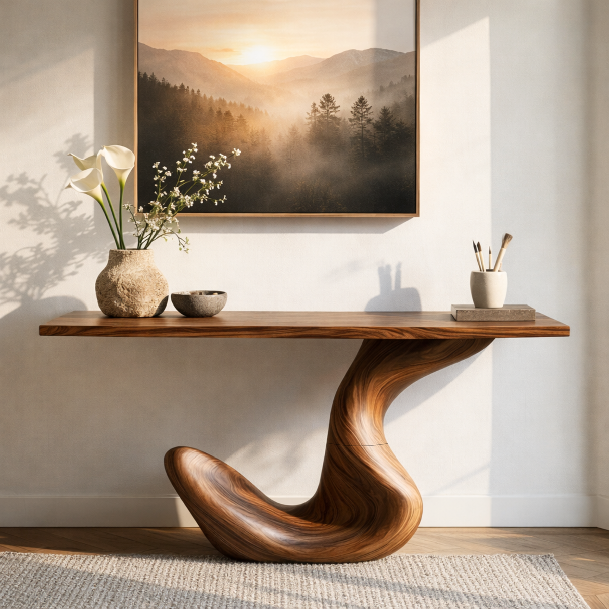Hook Curve Sculptural Solid Wood Console Table with Monolithic Loop Base