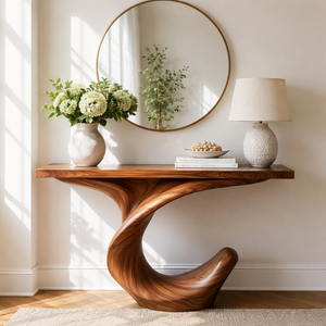 Crescent Twist Sculptural Solid Wood Console Table with Raised Curl Base