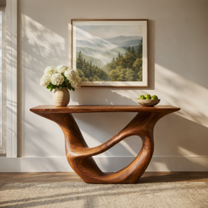 Sculptural Solid Wood Console Table with Open Oval Bridge Base