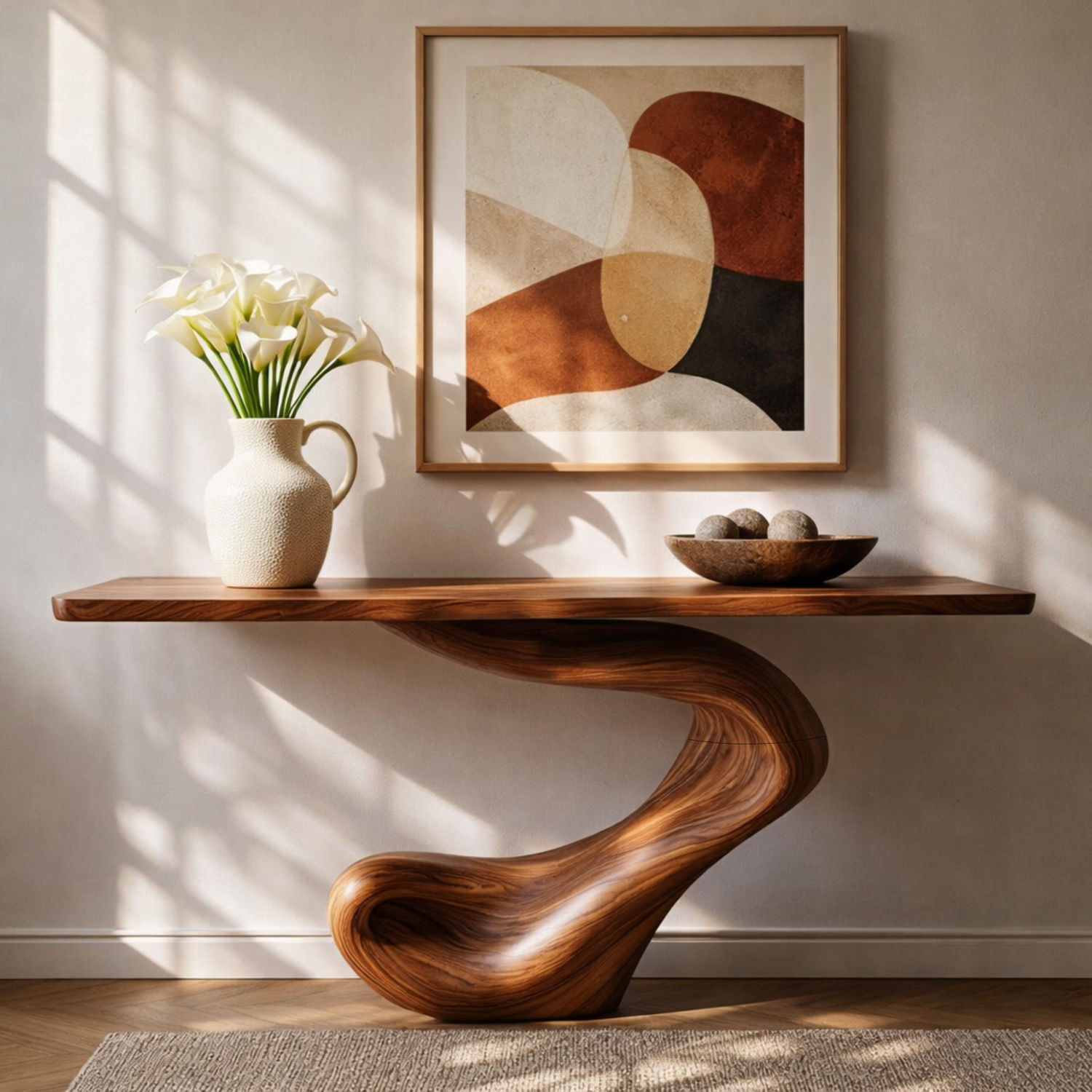 Scroll Wave Sculptural Solid Wood Console Table with Coiled Foot Base