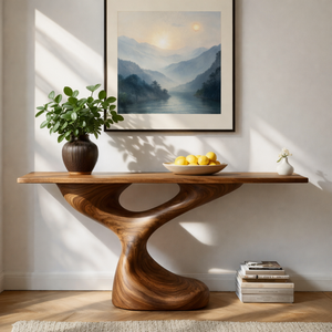 Twist Loop Sculptural Solid Wood Console Table with Hollow Organic Base