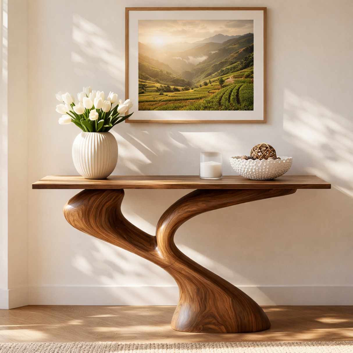 Sculptural Solid Wood Console Table with Flowing Dual Stem Base