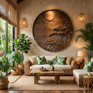 Handcrafted Solid Wood Wall Sculpture with Ocean Wave Relief and Circular Moon Design