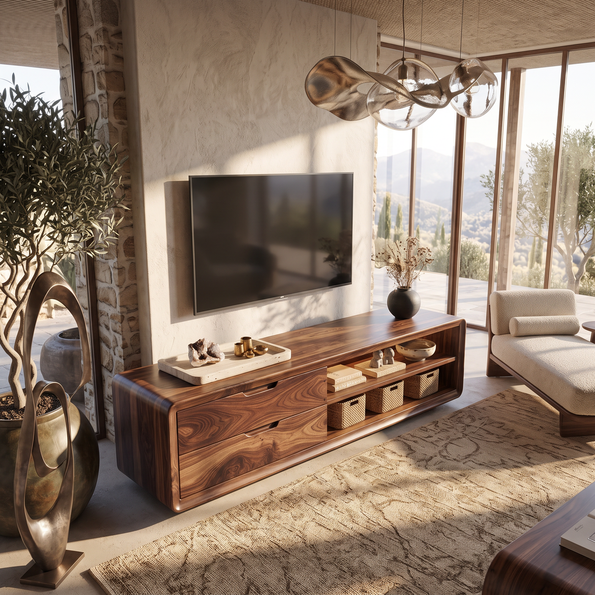 Solid Wood TV Cabinet with Rounded Frame and Display Shelves