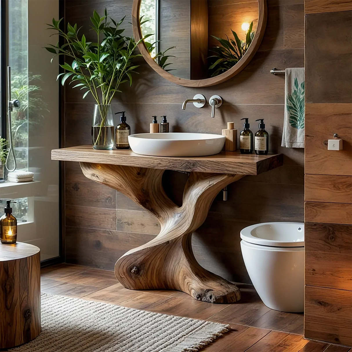 Live Edge Wood Vanity with Twisted Pedestal Base