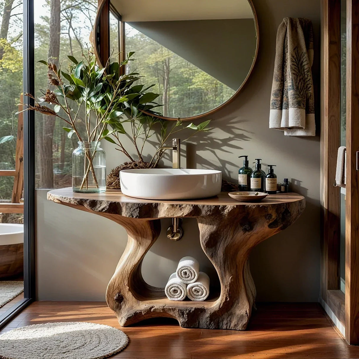 Rustic Live Edge Wood Bathroom Vanity with Open Shelf