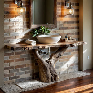 Live Edge Wood Vanity with Trunk-Style Pedestal Base