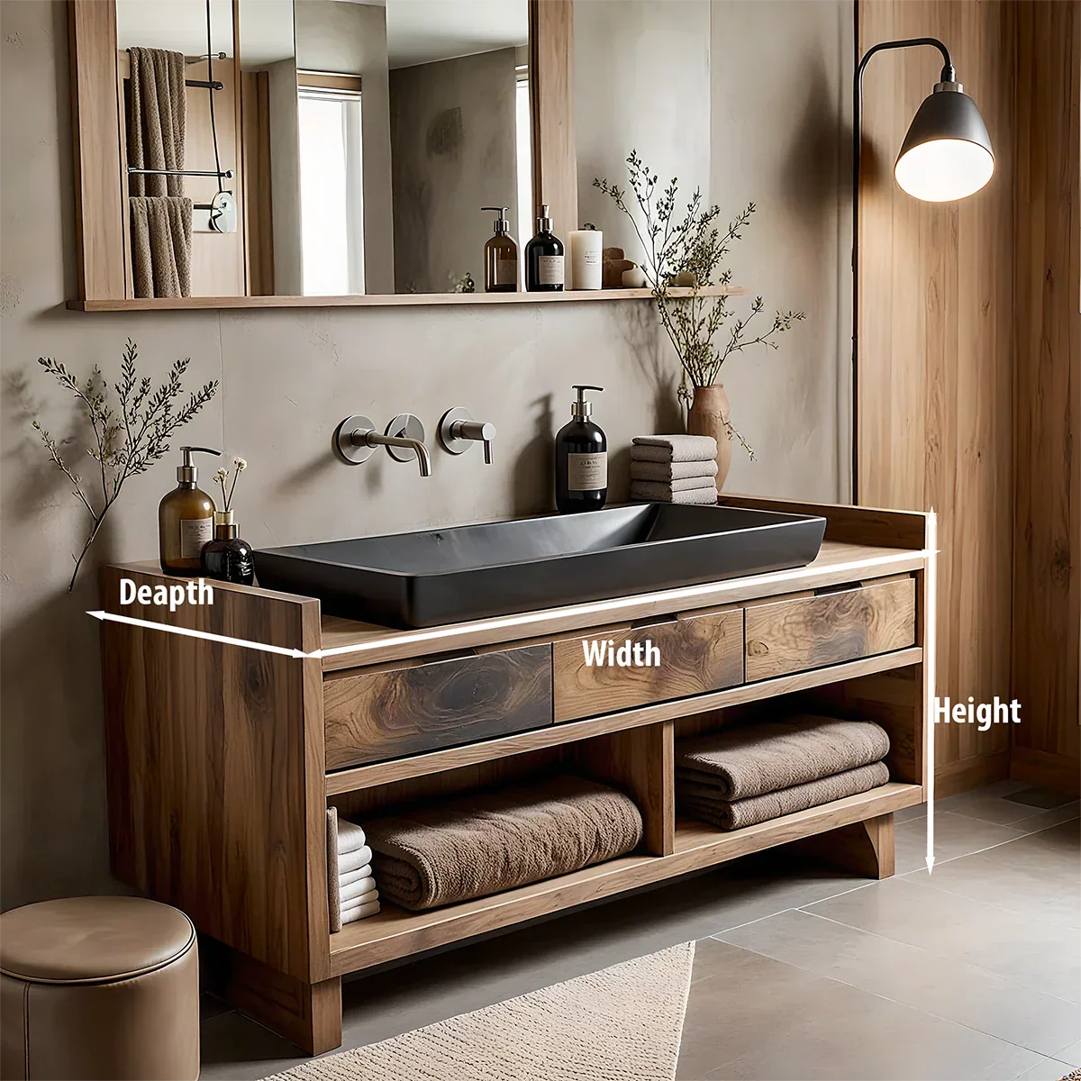 Solid Wood Bathroom Vanity with Three Drawers and Open Shelves