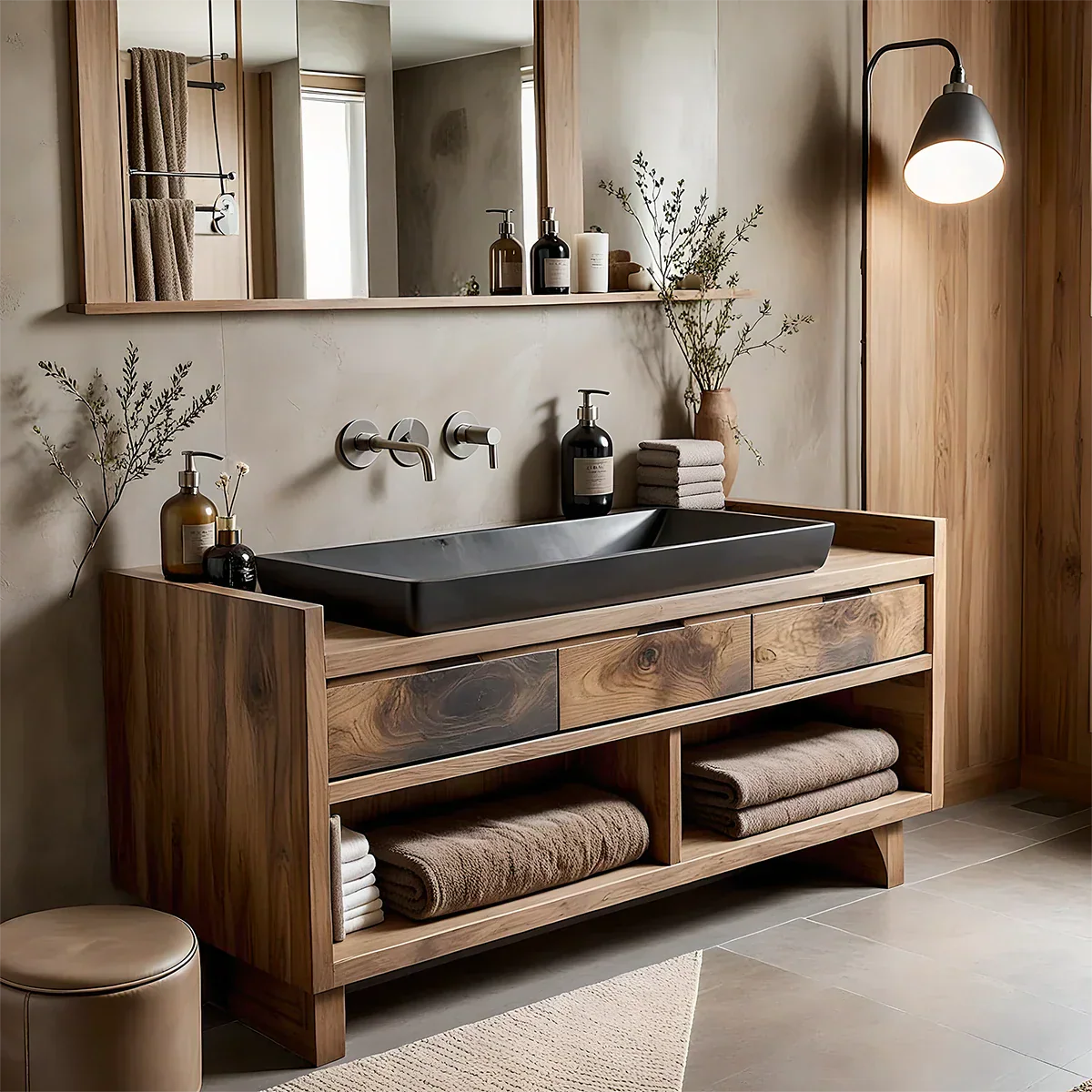 Solid Wood Bathroom Vanity with Three Drawers and Open Shelves