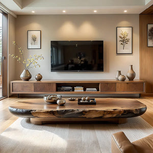 Floating-Style Wood TV Console with Drawers & Open Center Shelf