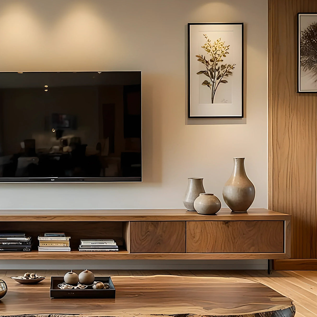 Floating-Style Wood TV Console with Drawers & Open Center Shelf