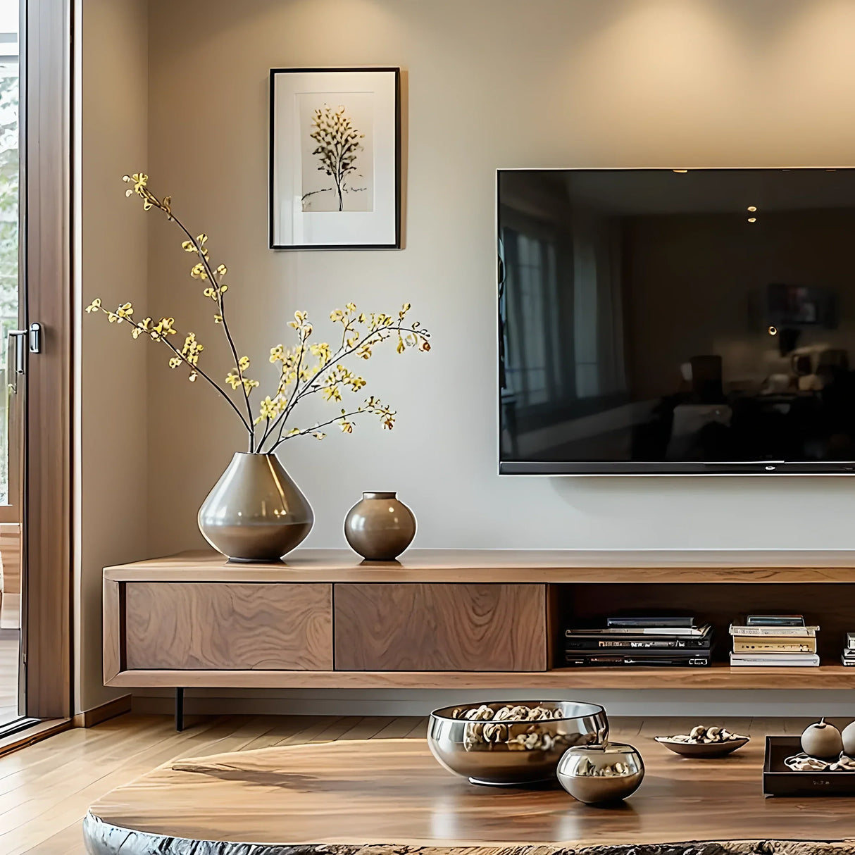 Floating-Style Wood TV Console with Drawers & Open Center Shelf