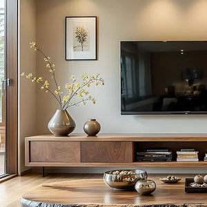 Floating-Style Wood TV Console with Drawers & Open Center Shelf