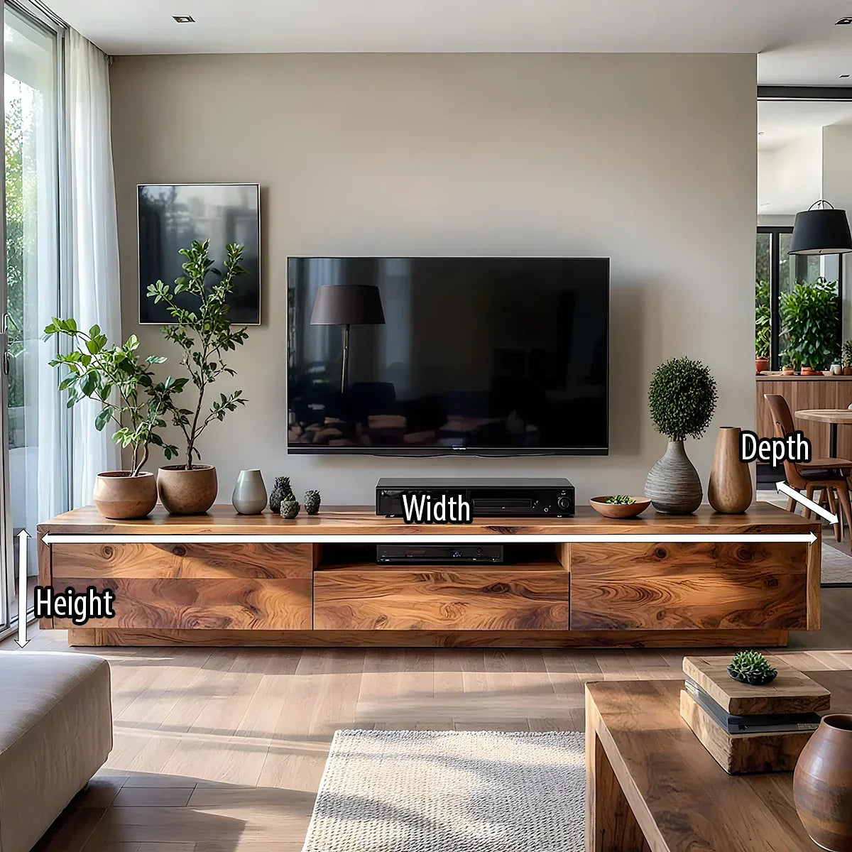 Natural Wood TV Console with Flowing Grain for Modern Living Rooms