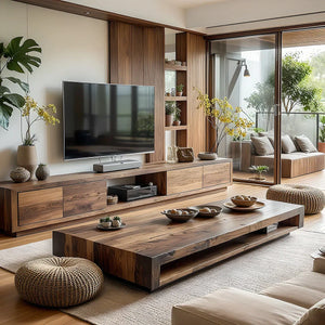 Modern Wood TV Console with Drawers & Open Media Bay