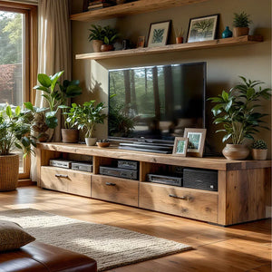 Natural Wood TV Cabinet with Long Top, Open Bays & Drawers