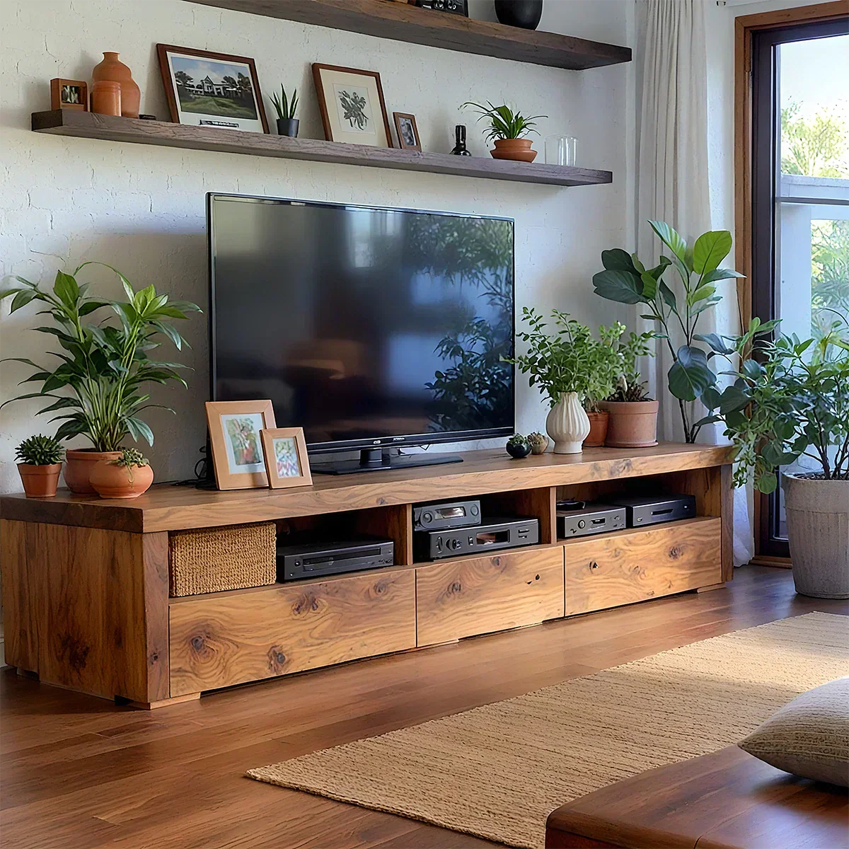 Wood Media Console with Bold-Grain Drawers and Open Media Bays