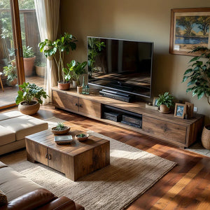 Wood TV Stand with Mixed Storage for Organic Modern Living