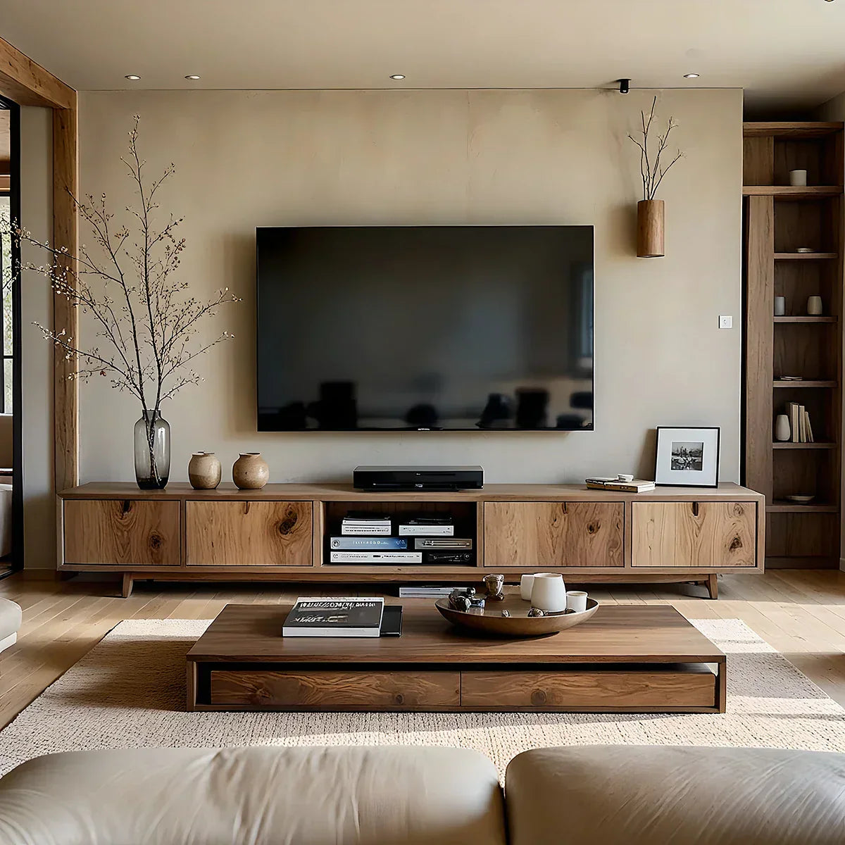 Natural Wood Media Console with Knotty Panels & Open Center Bay