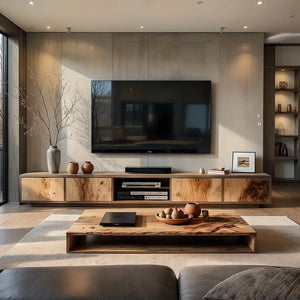 Natural Wood Media Console with Patchwork Grain Panel Front