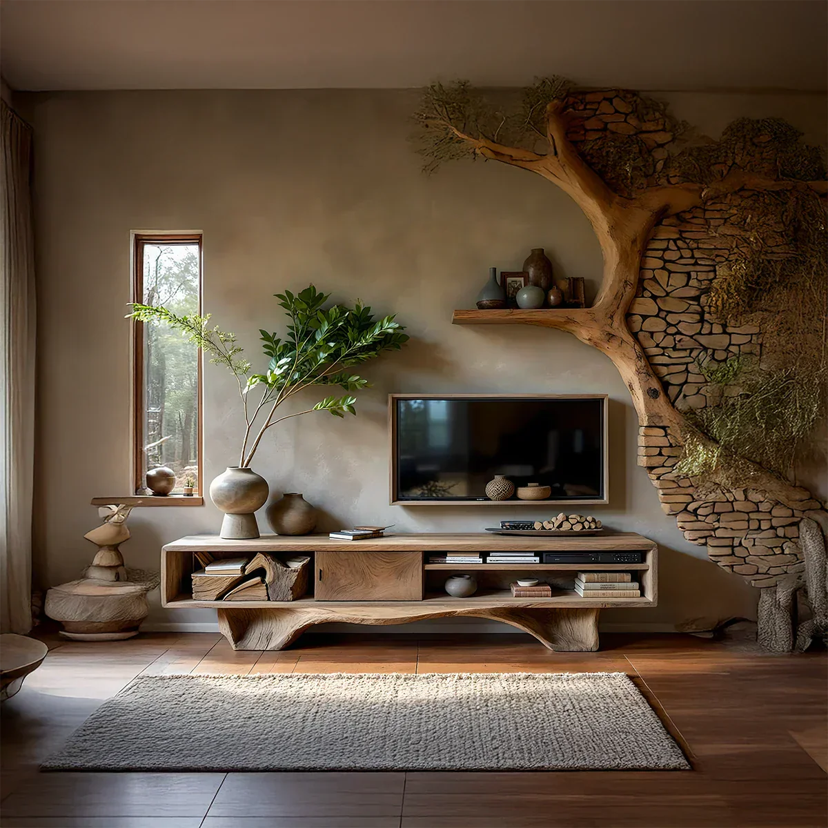 Sculptural Live-Edge Style Media Console with Organic Base