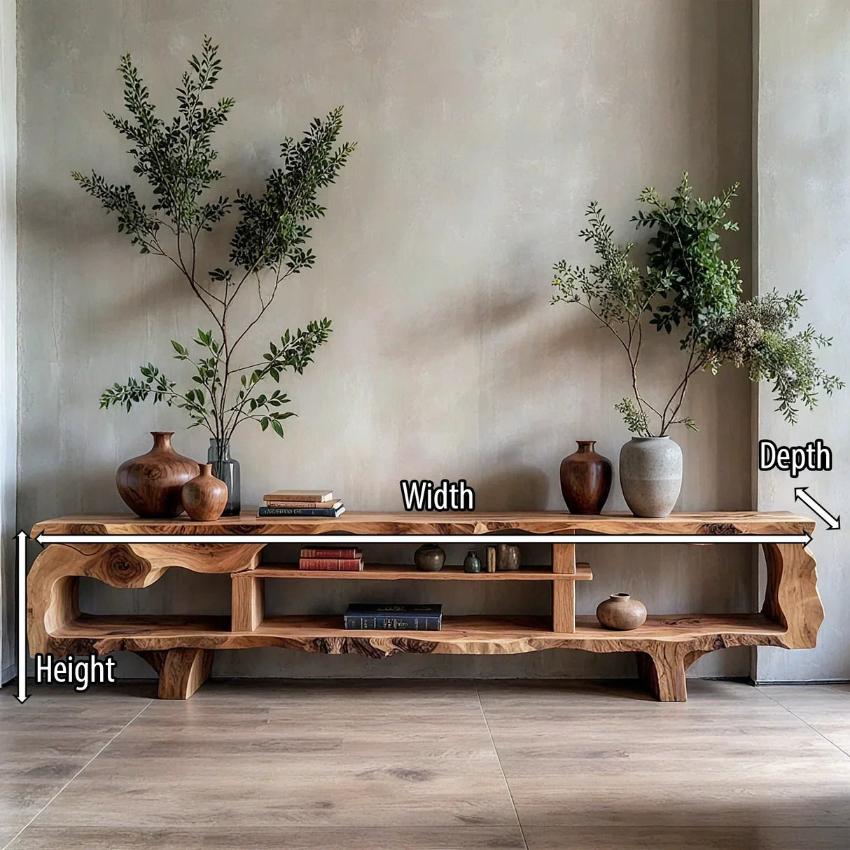Organic Sculptural Live-Edge Style Media Console with Open Shelves