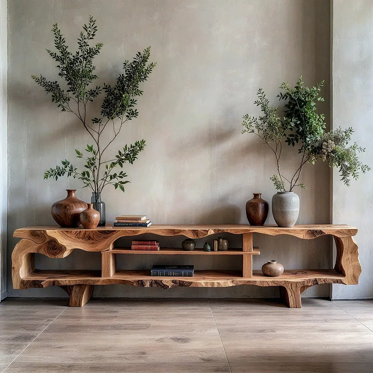 Organic Sculptural Live-Edge Style Media Console with Open Shelves