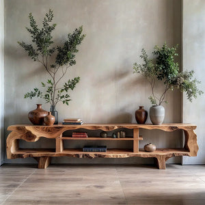 Organic Sculptural Live-Edge Style Media Console with Open Shelves