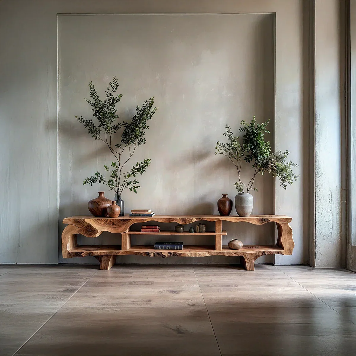 Organic Sculptural Live-Edge Style Media Console with Open Shelves