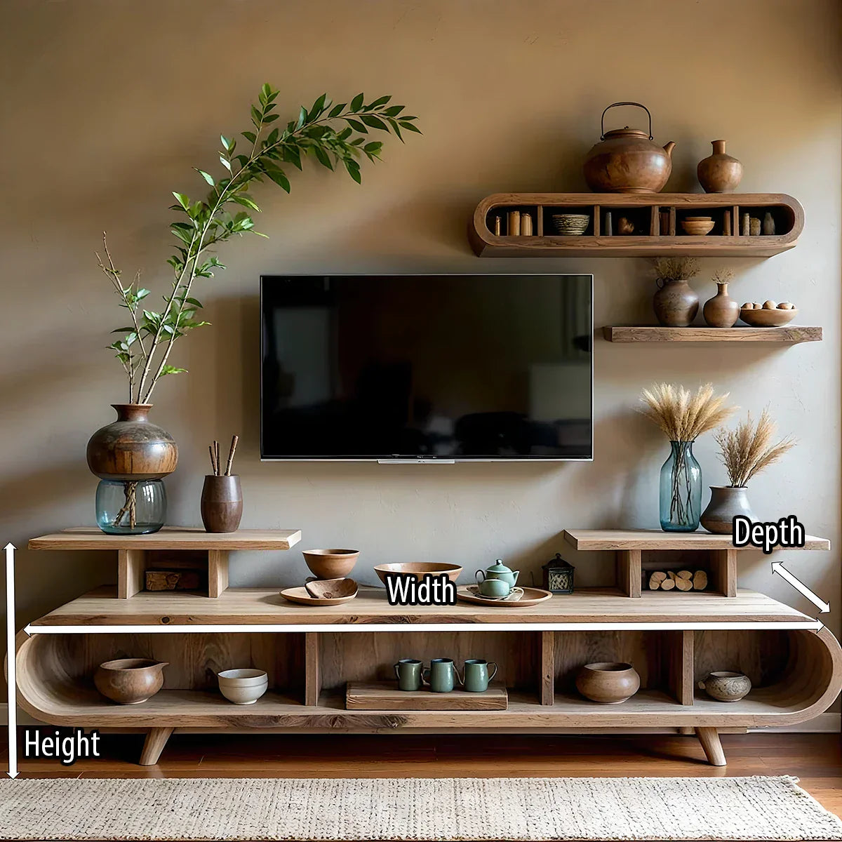 Curved-Edge Low Media Console with Open Display Compartments