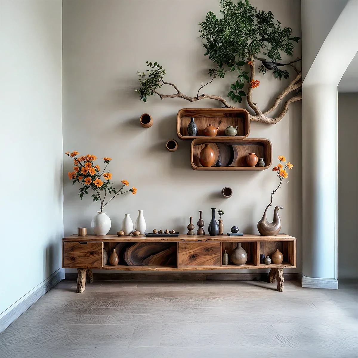 Organic Modern Low Media Console with Open Storage Compartments