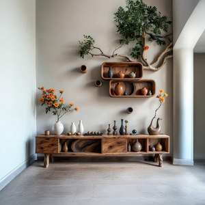 Organic Modern Low Media Console with Open Storage Compartments