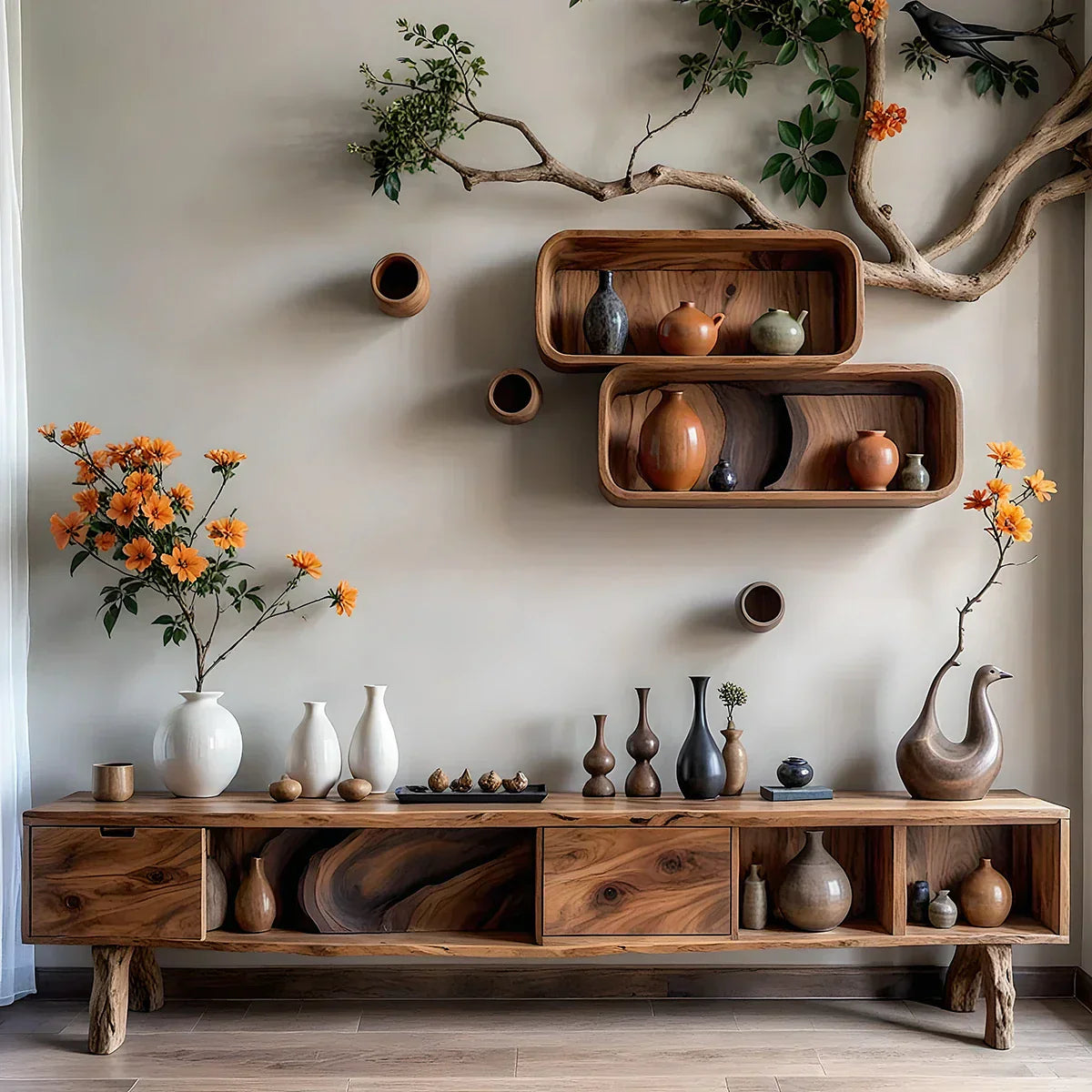 Organic Modern Low Media Console with Open Storage Compartments