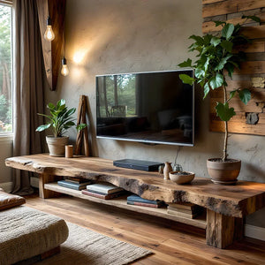 Live-Edge Style TV Console with Thick Slab Top & Open Shelf