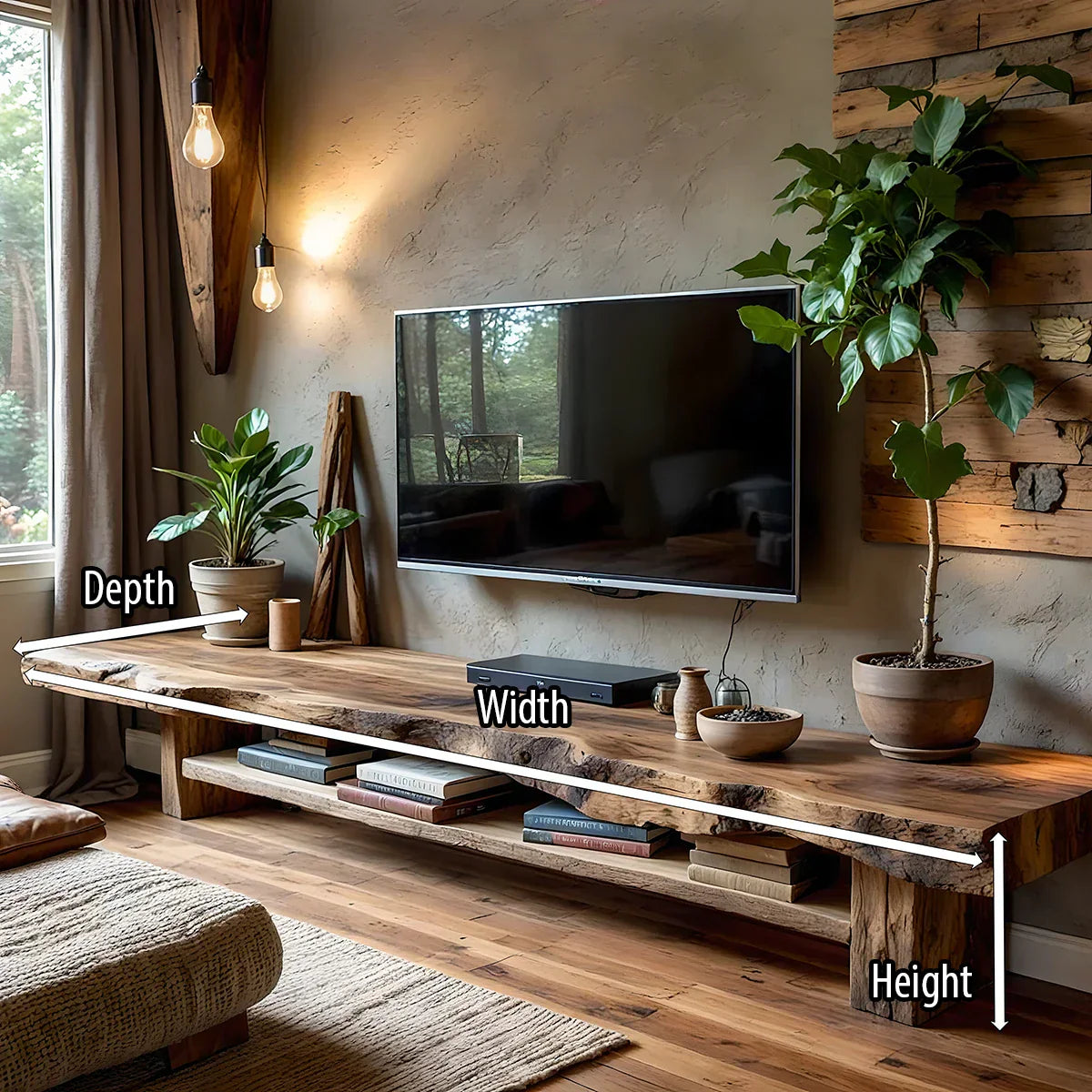 Live-Edge Style TV Console with Thick Slab Top & Open Shelf