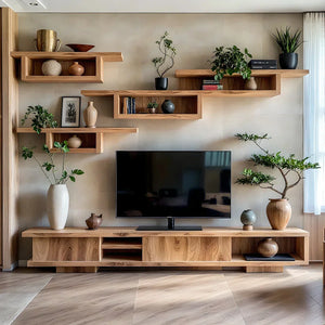 Wood TV Console and Modular Floating Shelves Set for Media Wall