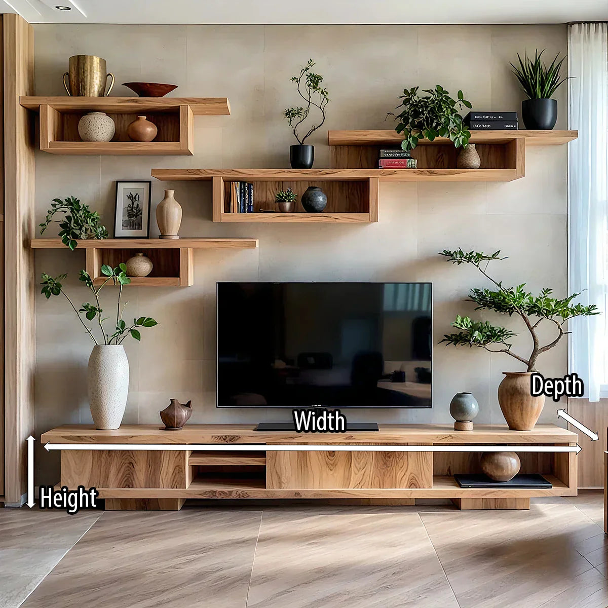 Wood TV Console and Modular Floating Shelves Set for Media Wall