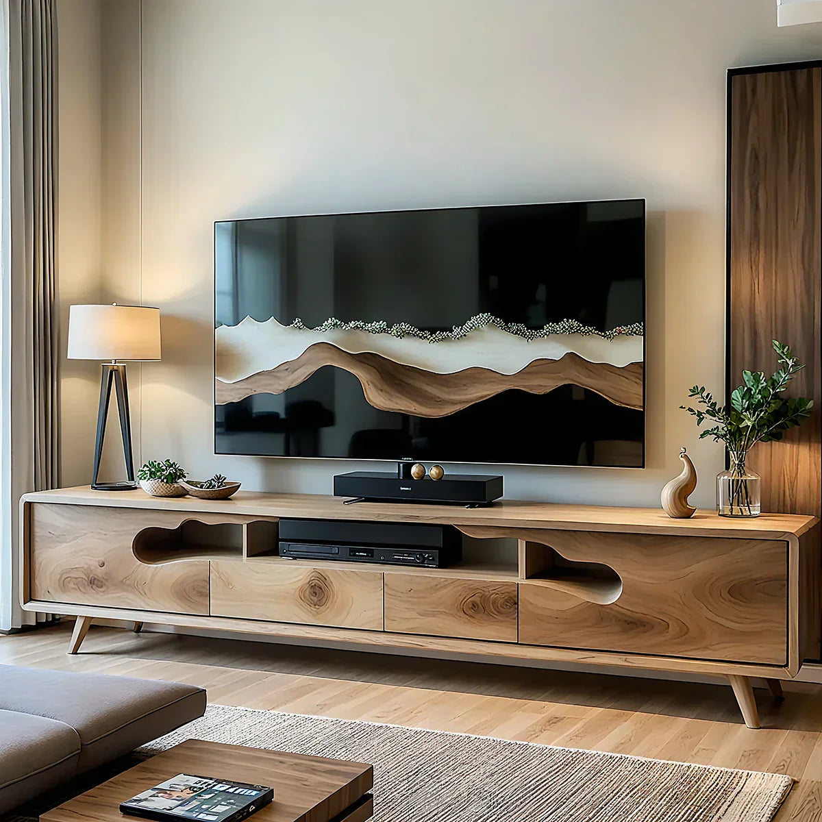 Sculptural Wood TV Console with Organic Cutout Front