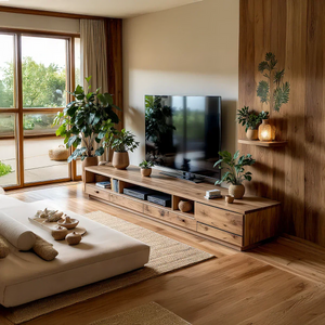 Solid Wood TV Wall Unit with Drawers for Organic Living Room
