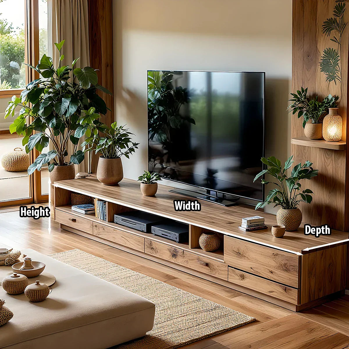 Solid Wood TV Wall Unit with Drawers for Organic Living Room