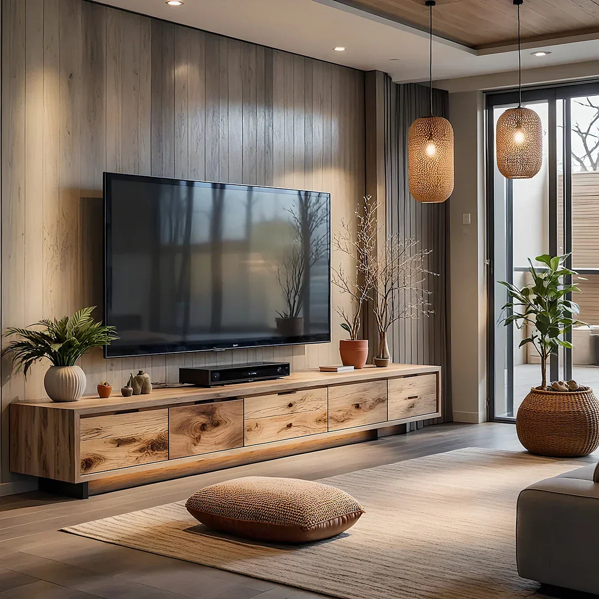 Solid Wood Low TV Console for Contemporary Living Room