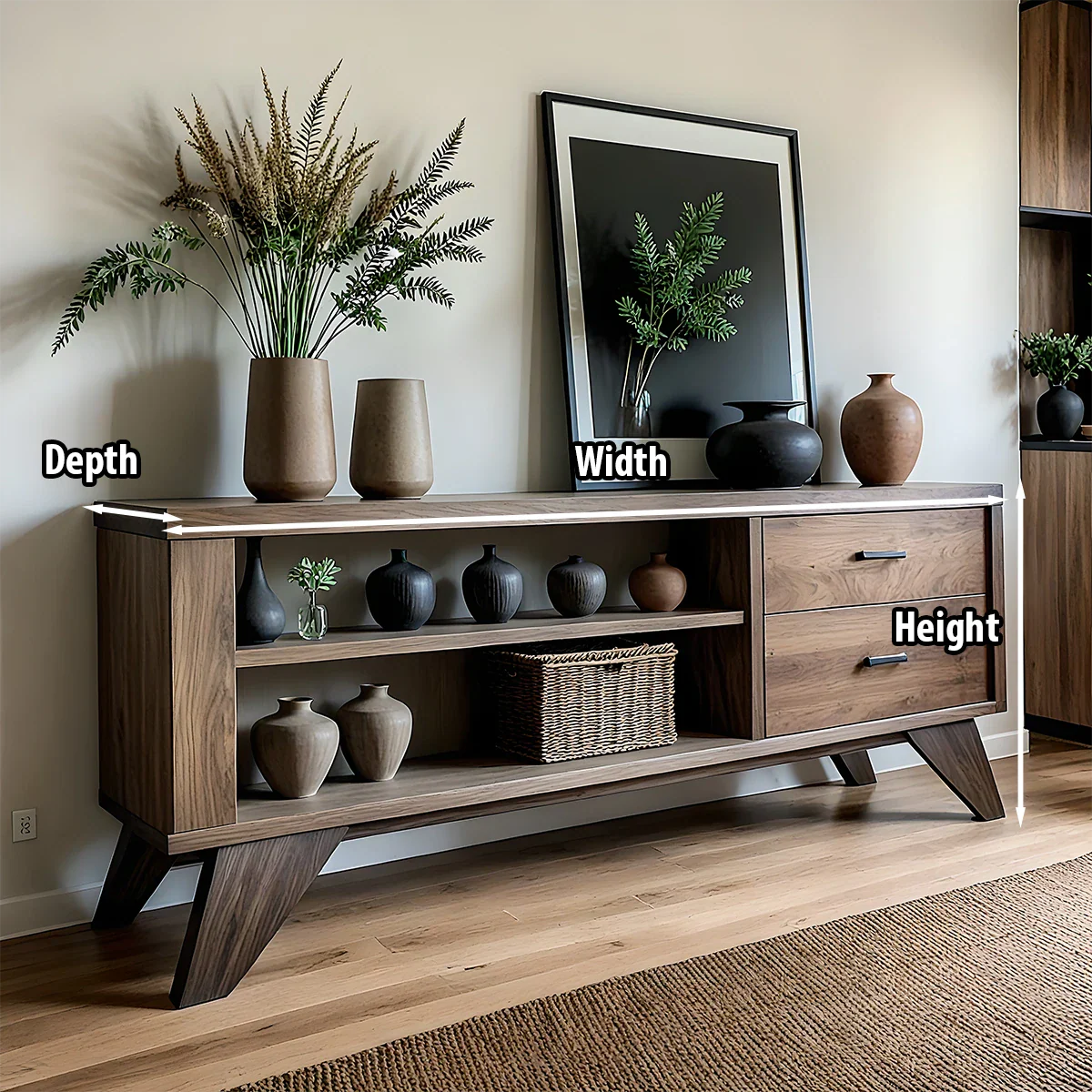 Solid Wood Sideboard with Open Shelves and Storage Drawers