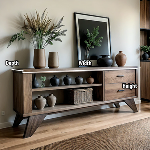 Solid Wood Sideboard with Open Shelves and Storage Drawers