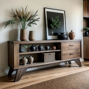Solid Wood Sideboard with Open Shelves and Storage Drawers