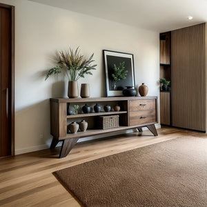 Solid Wood Sideboard with Open Shelves and Storage Drawers