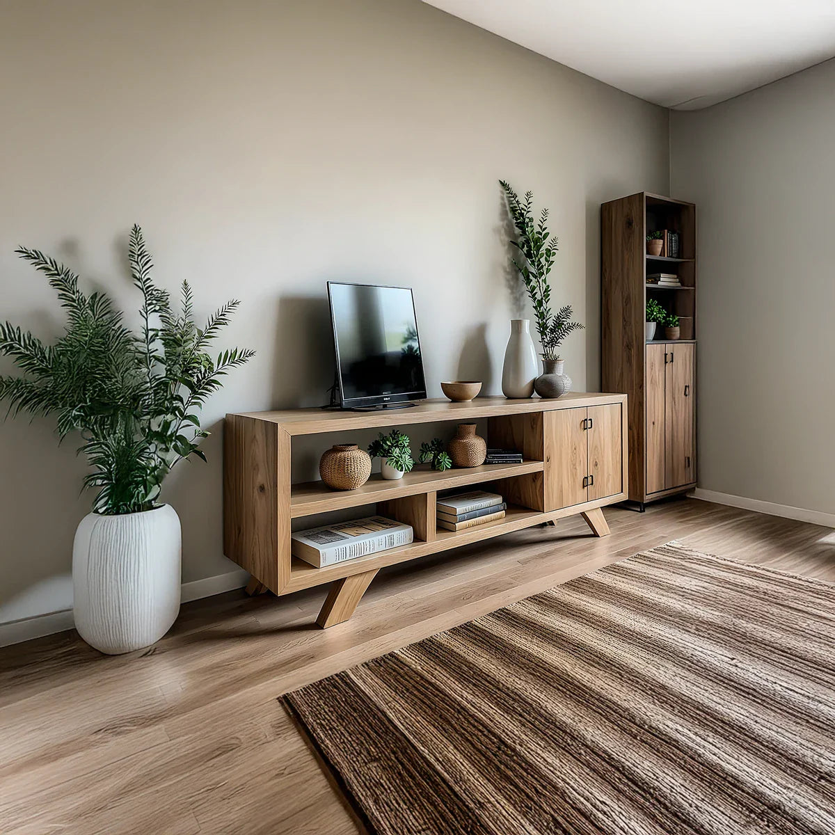 Solid Wood Media Console with Open Shelving and Minimalist Form